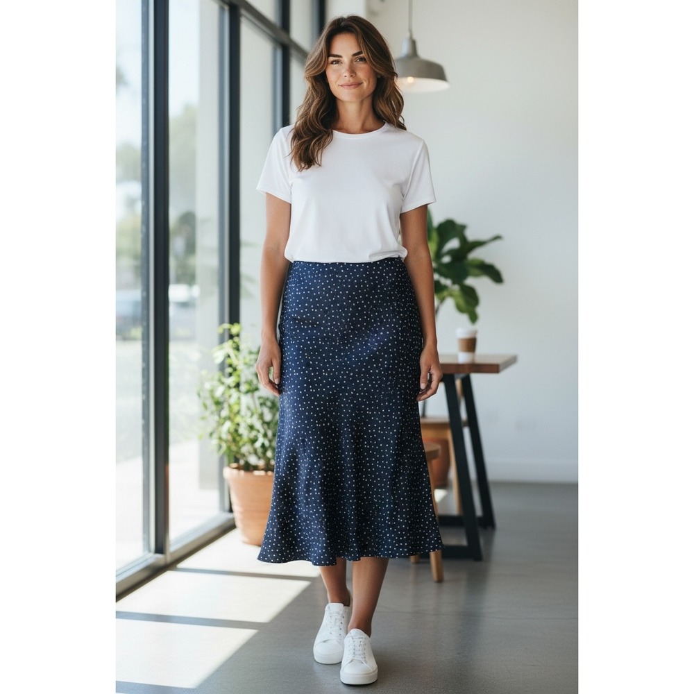 Wilfred Aritzia Navy Blue Polka Dot Midi Slip Skirt Size 8 French Girl Chic